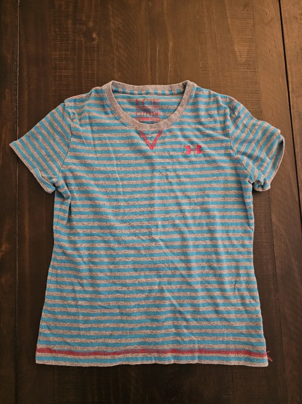 Under Armour Girls Teal and Gray Striped Short Sleeve Tee with Pink Logo